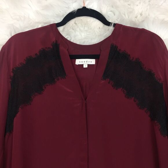Sandro Burgundy Black Lace 100% Silk Eponyme Blouse Womens Size 8 - Picture 2 of 8